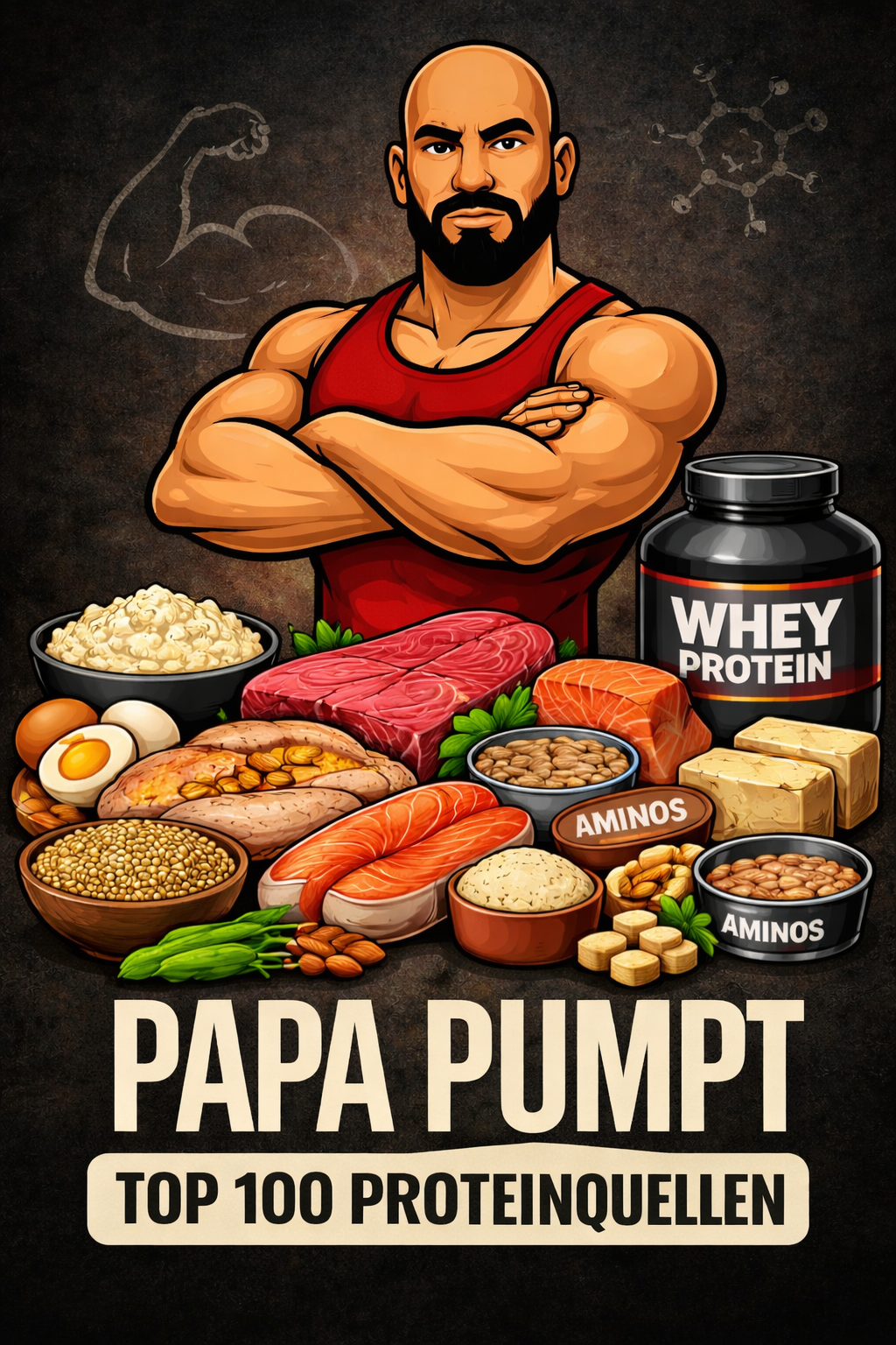 Proteinreiche Lebensmittel auf dunklem Hintergrund